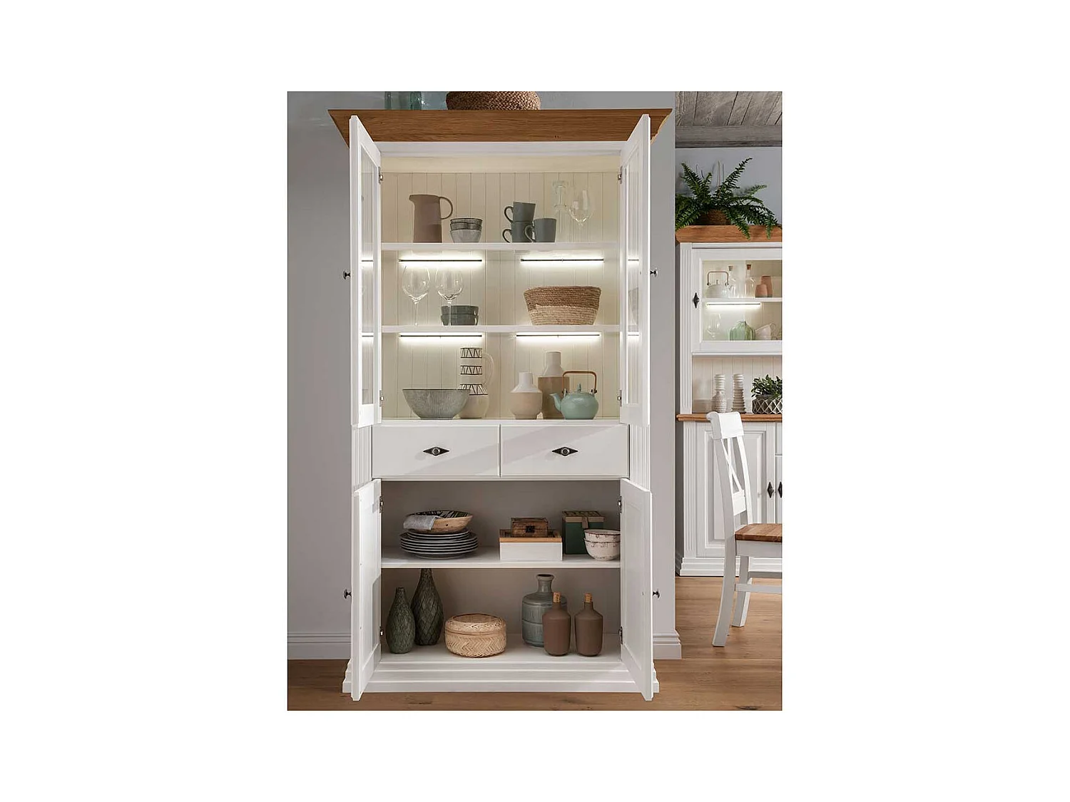 Esszimmervitrinenschrank im Landhausstil Kiefer und Eiche Massivholz