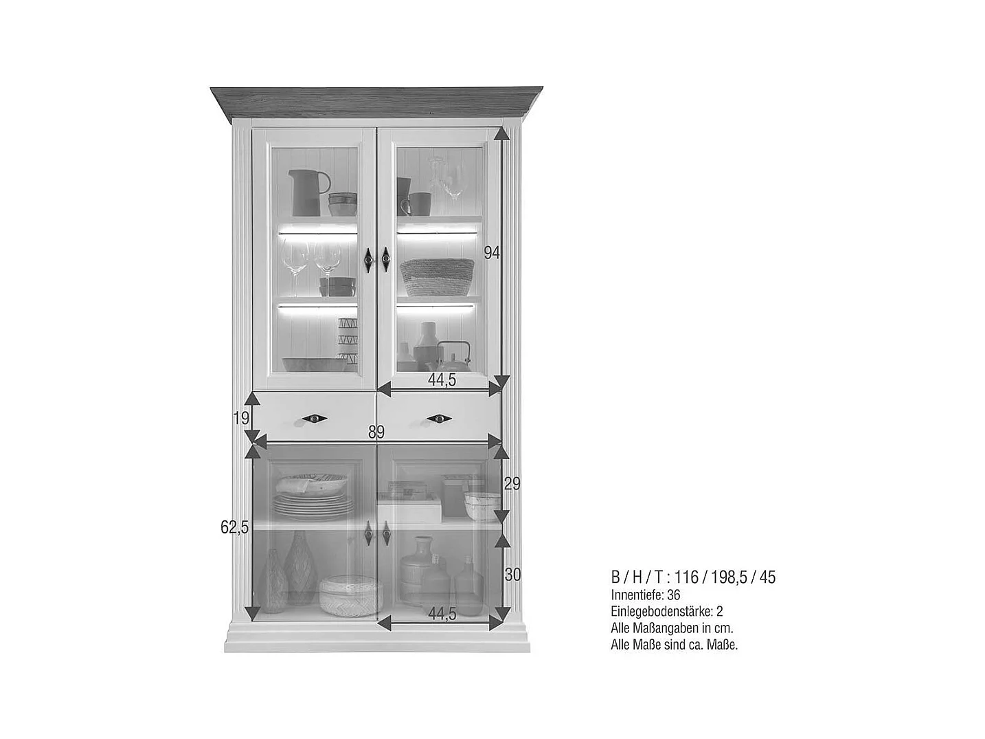 Esszimmervitrinenschrank im Landhausstil Kiefer und Eiche Massivholz