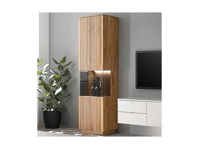 Wohnzimmerschrank mit Glastür aus Wildeiche Massivholz LED Beleuchtung