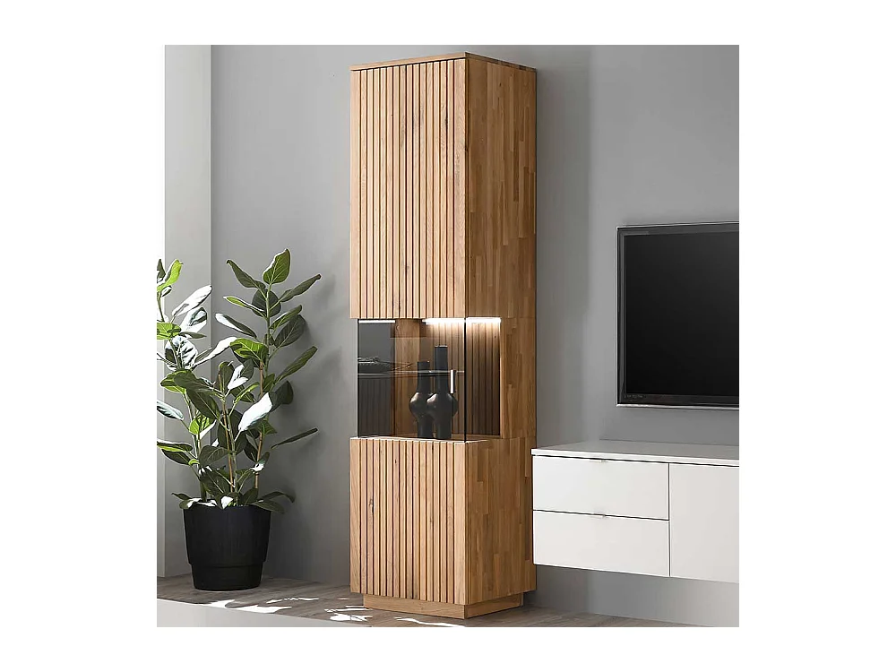 Wohnzimmerschrank mit Glastür aus Wildeiche Massivholz LED Beleuchtung
