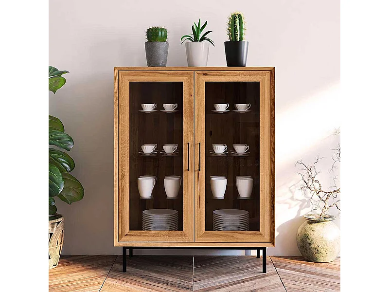 Wohnzimmervitrinenschrank massiv mit 2 Glastüren Skandi Design
