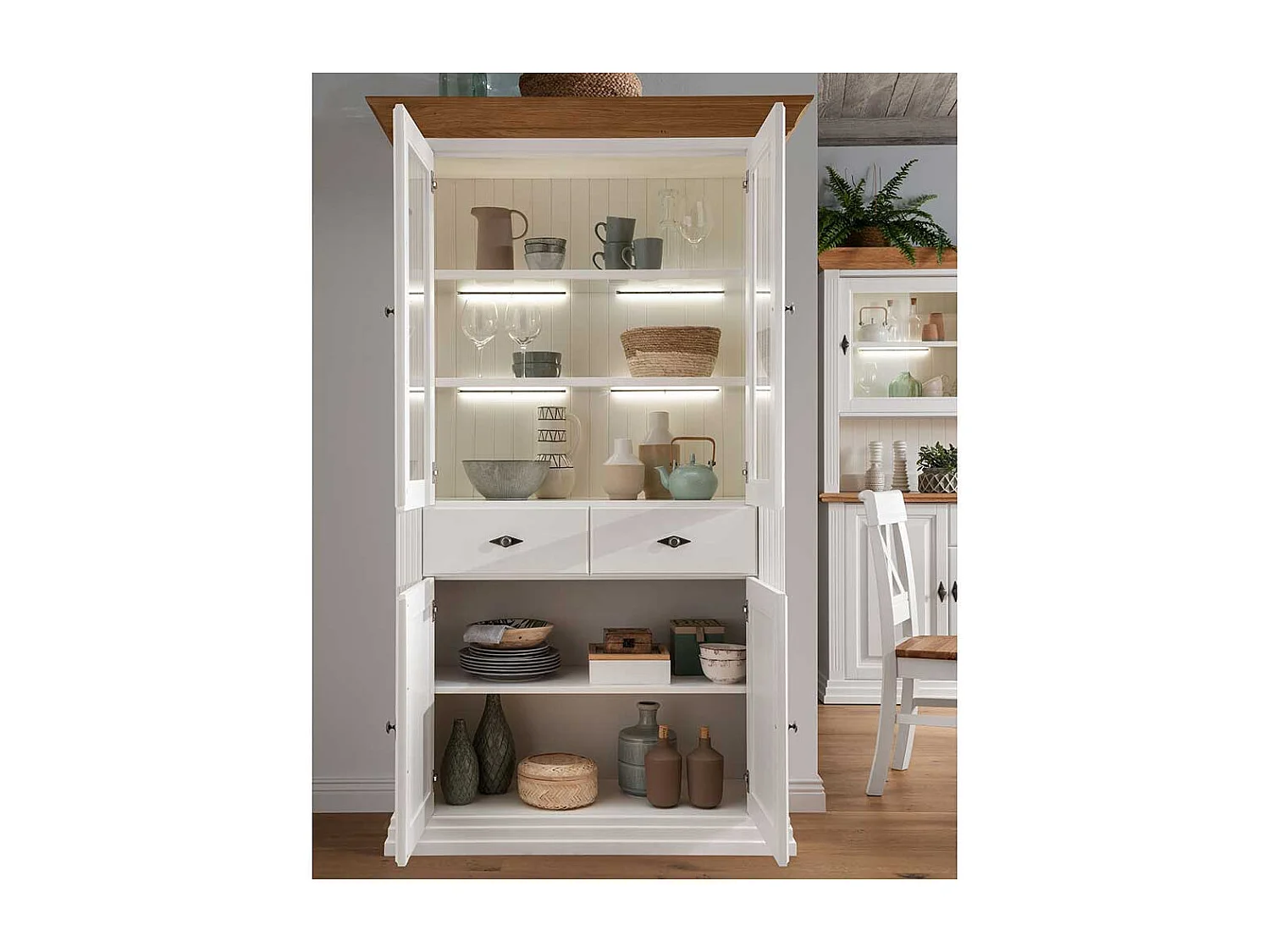 Esszimmervitrinenschrank im Landhausstil Kiefer und Eiche Massivholz