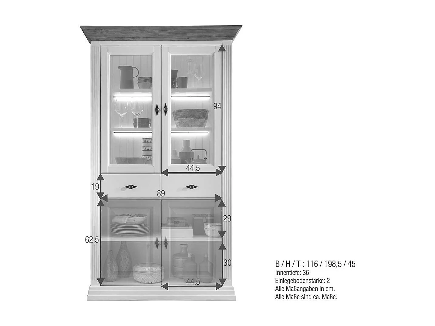 Esszimmervitrinenschrank im Landhausstil Kiefer und Eiche Massivholz