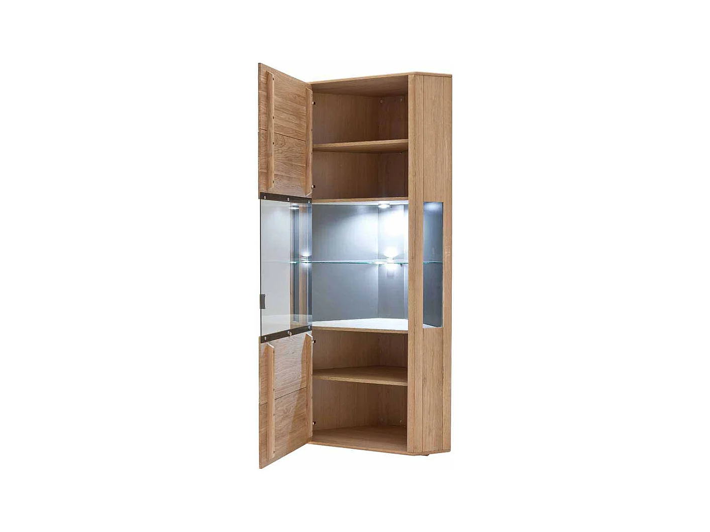 Eckvitrineneschrank aus Eiche Bianco LED Beleuchtung