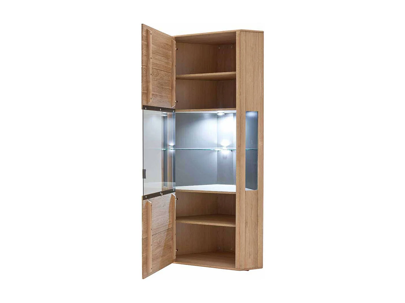 Eckvitrineneschrank aus Eiche Bianco LED Beleuchtung