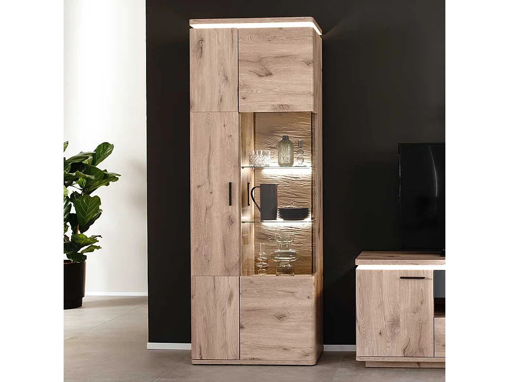 Wohnzimmervitrinenschrank in Wildeichefarben LED Beleuchtung