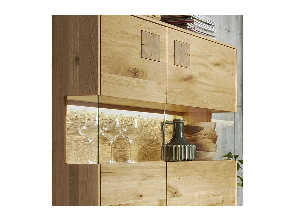 Wohnzimmer Highboard massiv in Wildeichefarben Glastüren