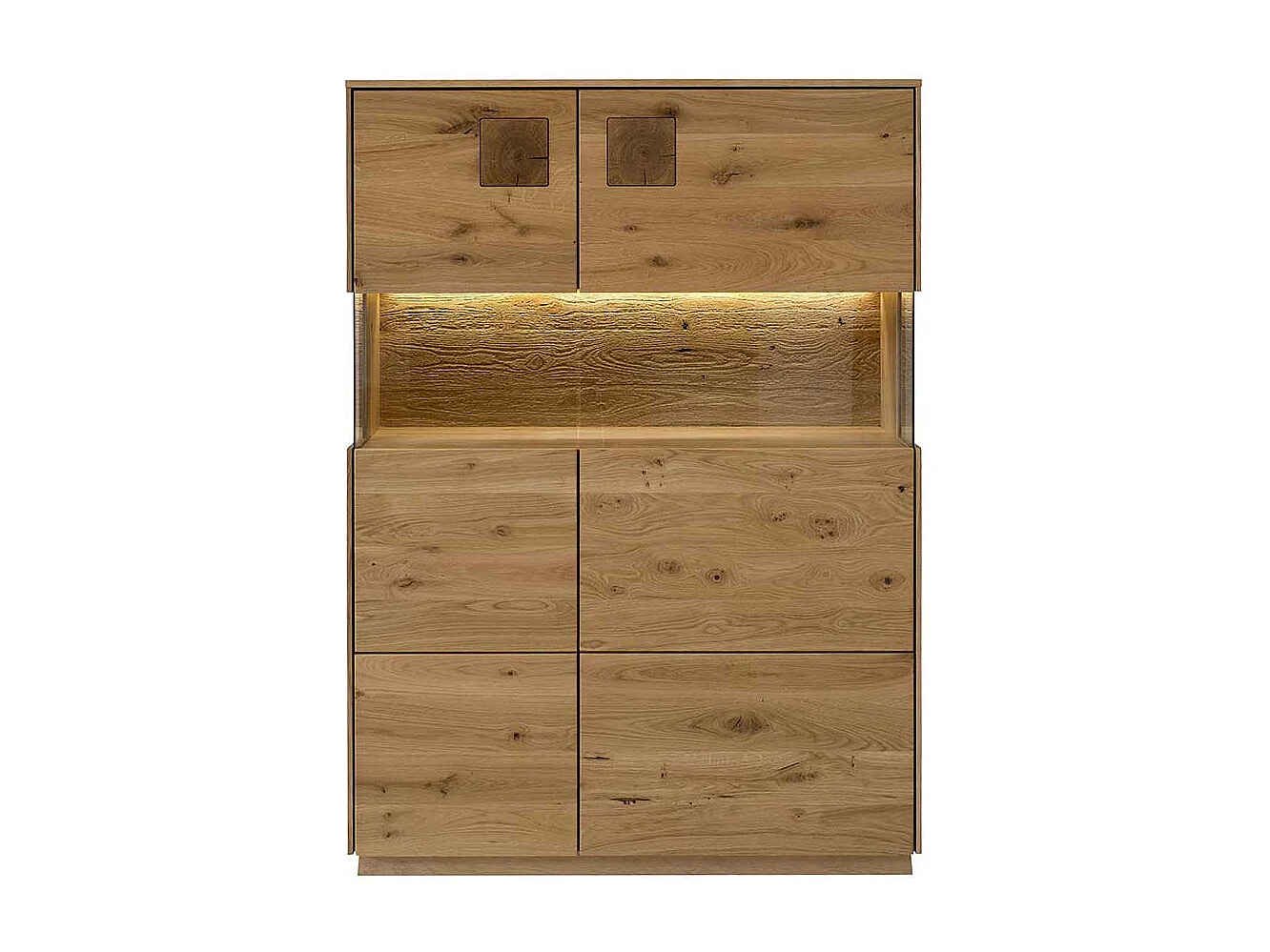 Wohnzimmer Highboard massiv in Wildeichefarben Glastüren