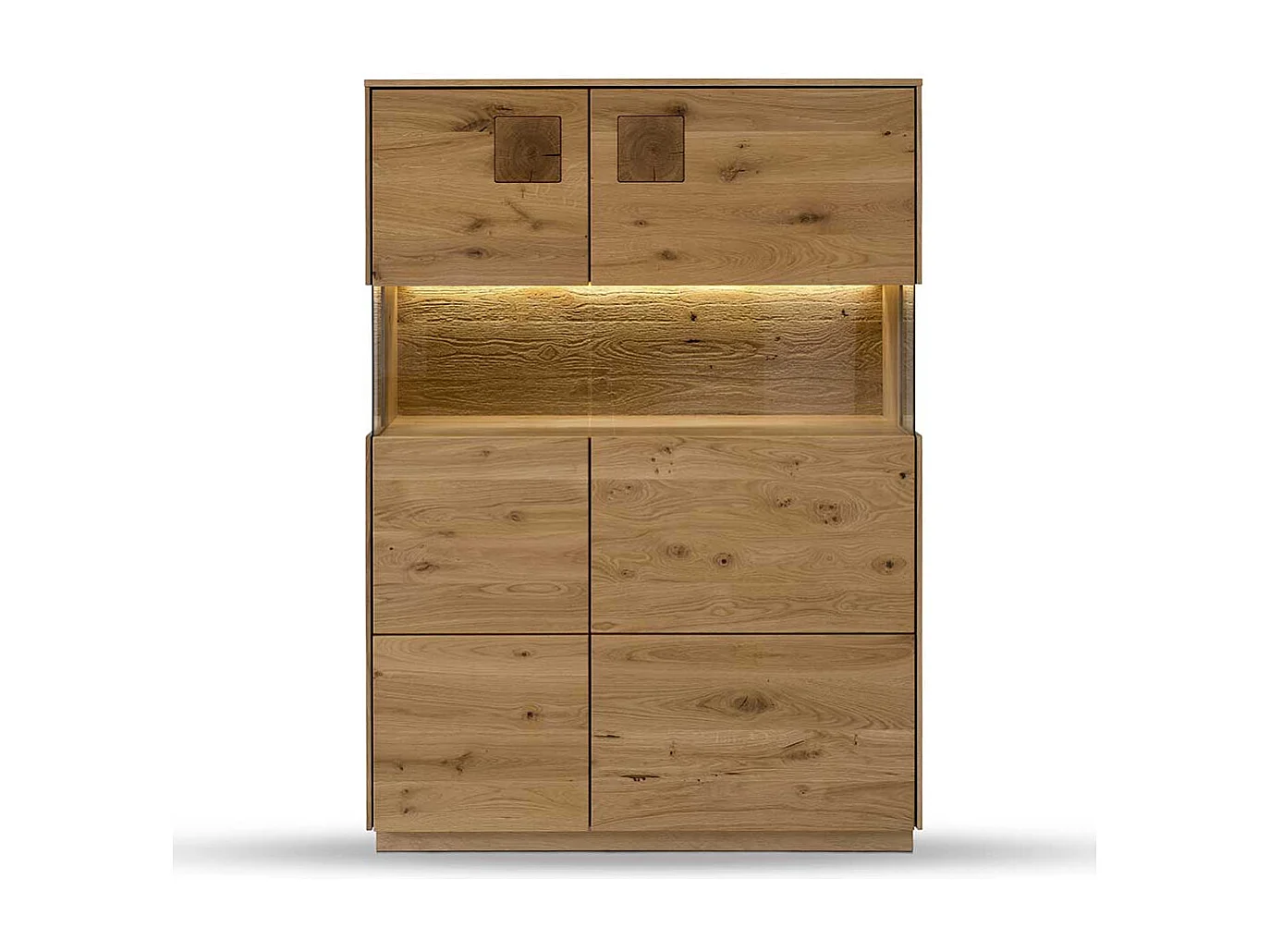 Wohnzimmer Highboard massiv in Wildeichefarben Glastüren