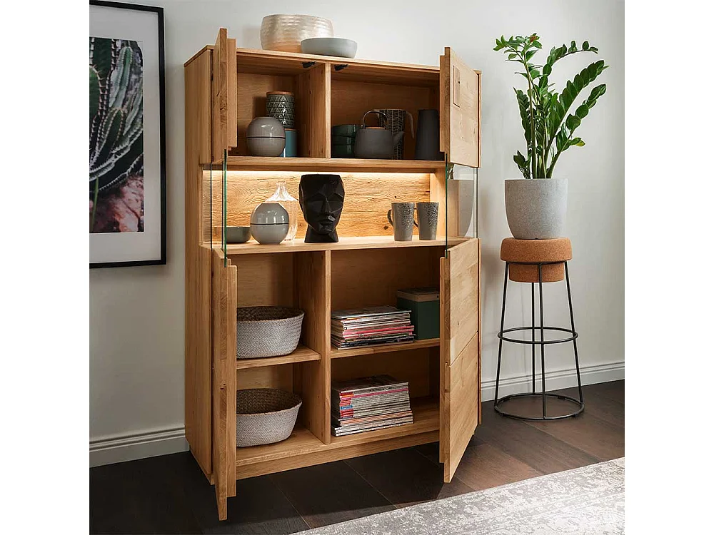 Wohnzimmer Highboard massiv in Wildeichefarben Glastüren