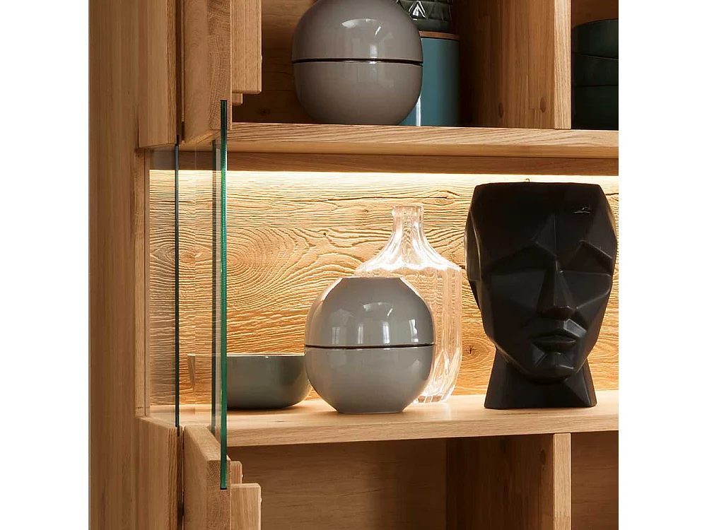 Wohnzimmer Highboard massiv in Wildeichefarben Glastüren