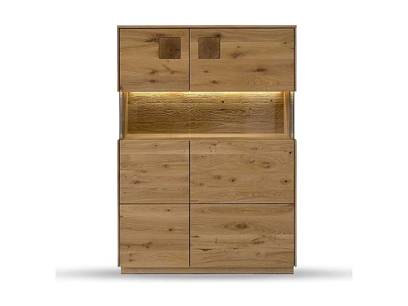 Wohnzimmer Highboard massiv in Wildeichefarben Glastüren