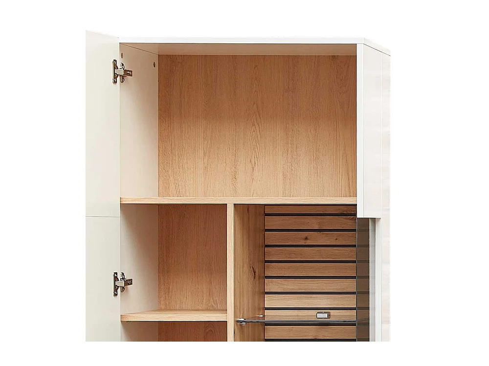 Esszimmervitrinenschrank modern in Weiß und Wildeichefarben 201 cm hoch