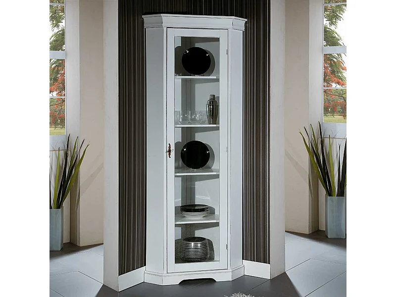 Großer Eckvitrinenschrank in Weiß Vintage Look