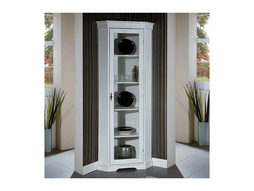Großer Eckvitrinenschrank in Weiß Vintage Look