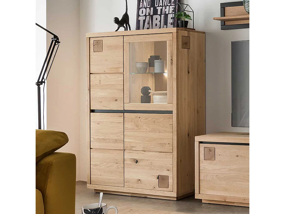 Highboard Wildeiche aus Massivholz Glastür rechts