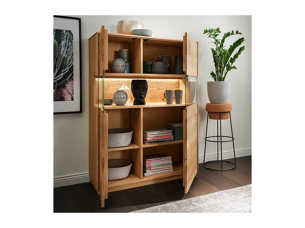 Wohnzimmer Highboard massiv in Wildeichefarben Glastüren