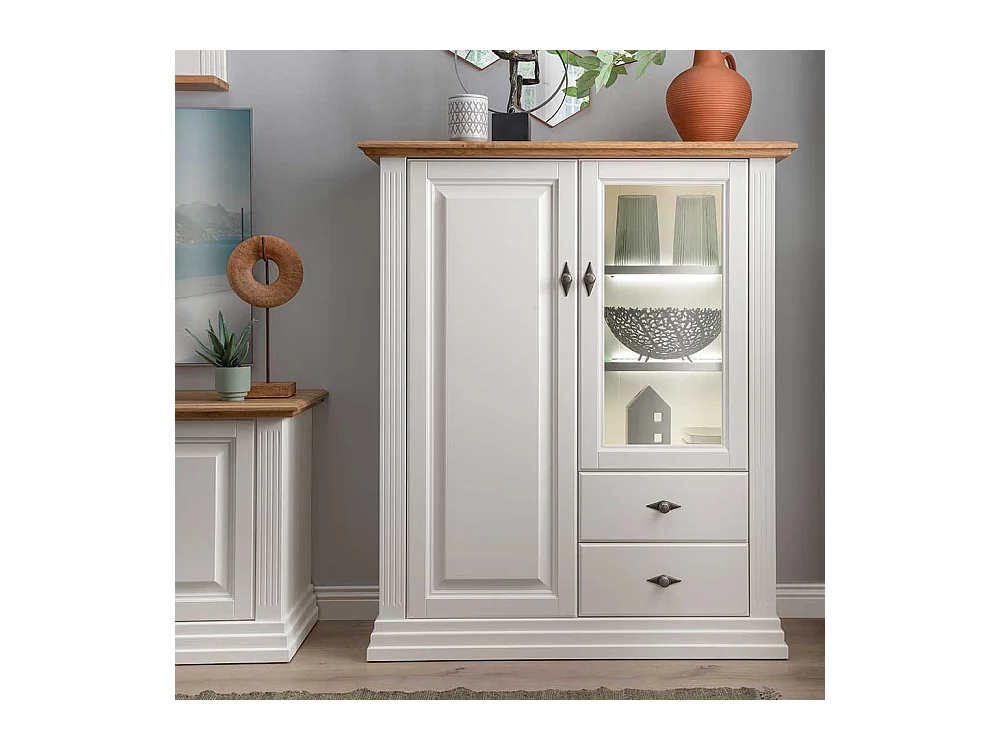Landhaus Highboard in Weiß und Eichefarben zwei Schubladen und Türen