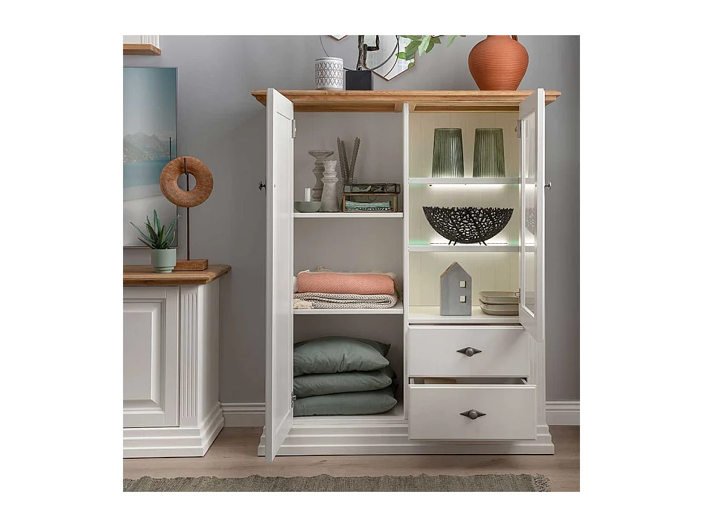 Landhaus Highboard in Weiß und Eichefarben zwei Schubladen und Türen