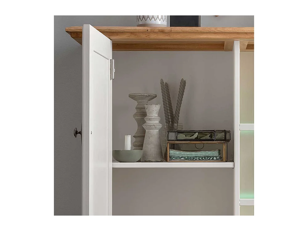 Landhaus Highboard in Weiß und Eichefarben zwei Schubladen und Türen