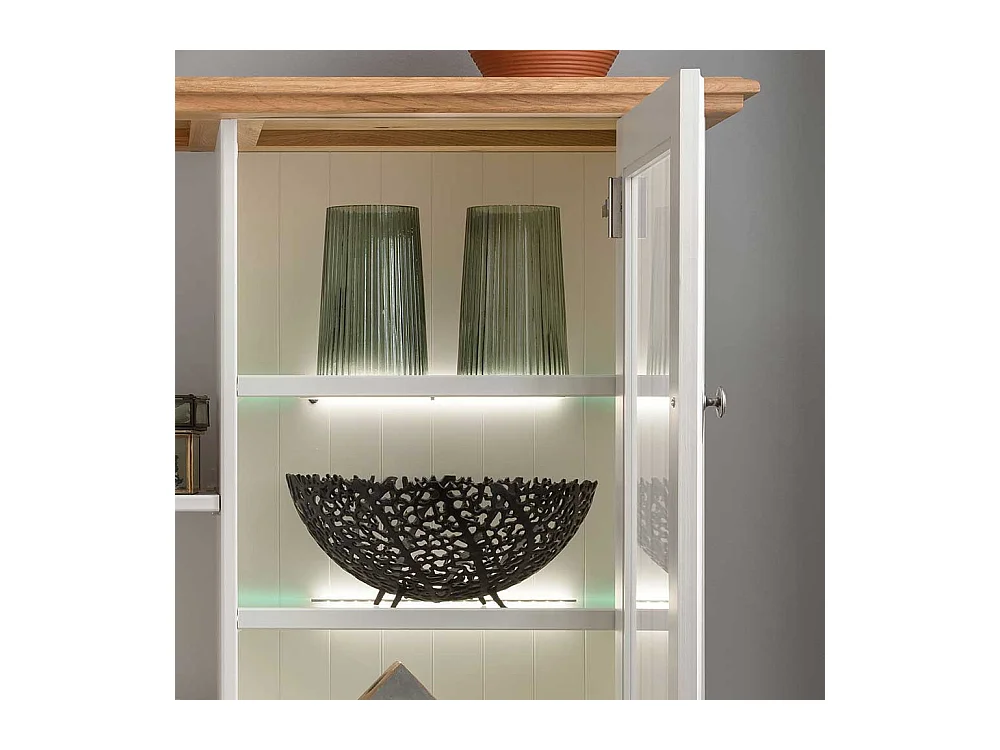 Landhaus Highboard in Weiß und Eichefarben zwei Schubladen und Türen