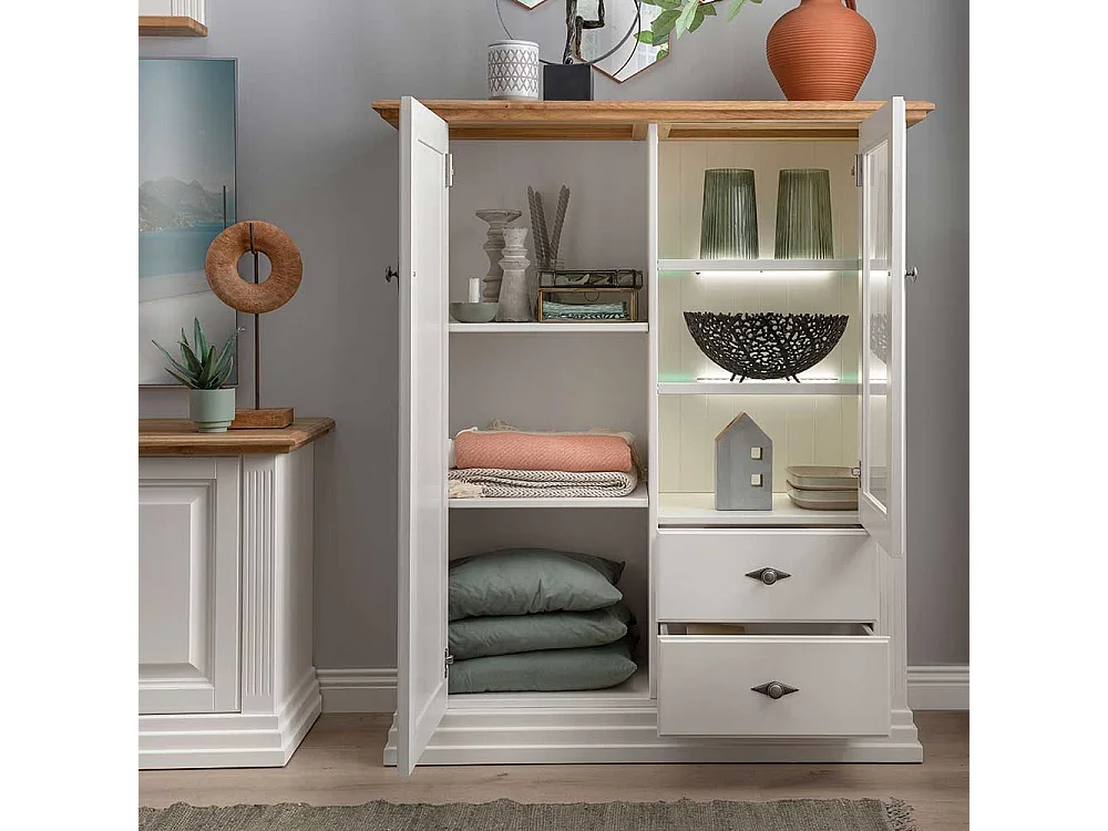 Landhaus Highboard in Weiß und Eichefarben zwei Schubladen und Türen