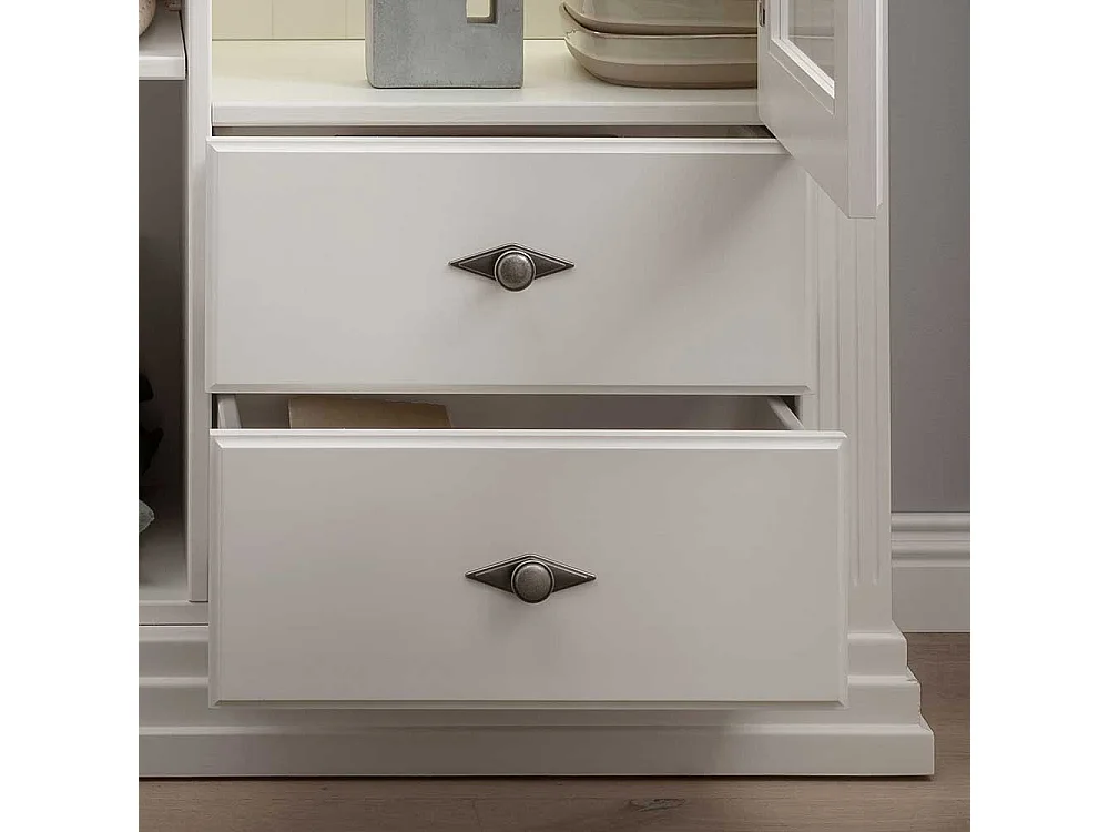 Landhaus Highboard in Weiß und Eichefarben zwei Schubladen und Türen