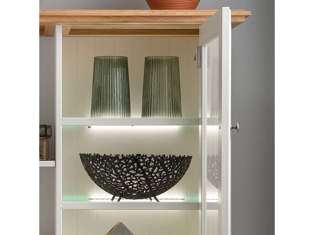 Landhaus Highboard in Weiß und Eichefarben zwei Schubladen und Türen