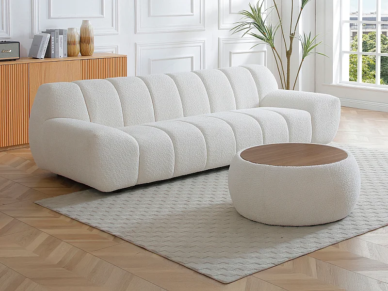 Sofa 3-Sitzer + Couchtisch - Bouclé-Stoff Weiß - SORIELI