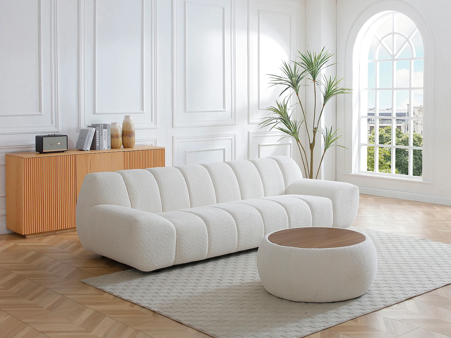 Canapé 3 places et table basse en tissu bouclette blanc SORIELI