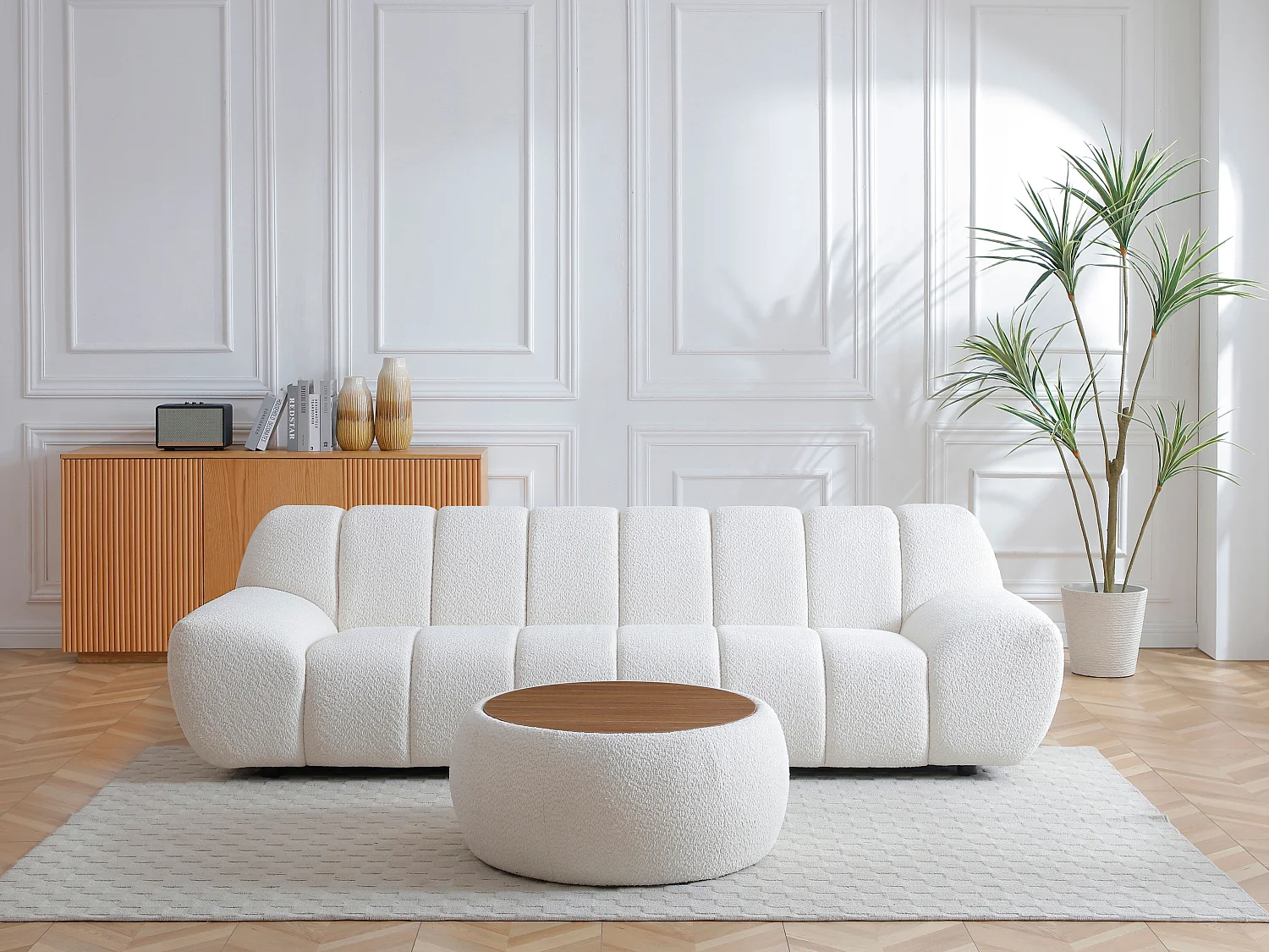 3-seters sofa og sofabord i hvitt bouclé-stoff SORIELI