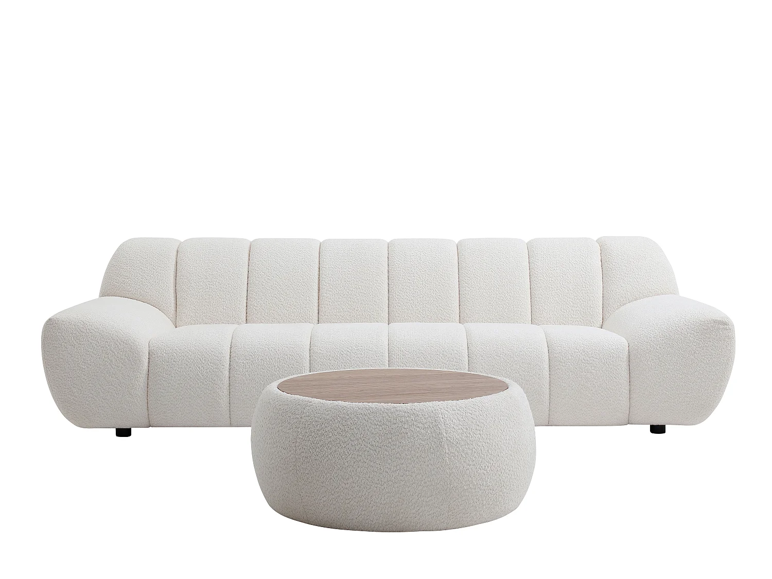 Canapé 3 places et table basse en tissu bouclette blanc SORIELI