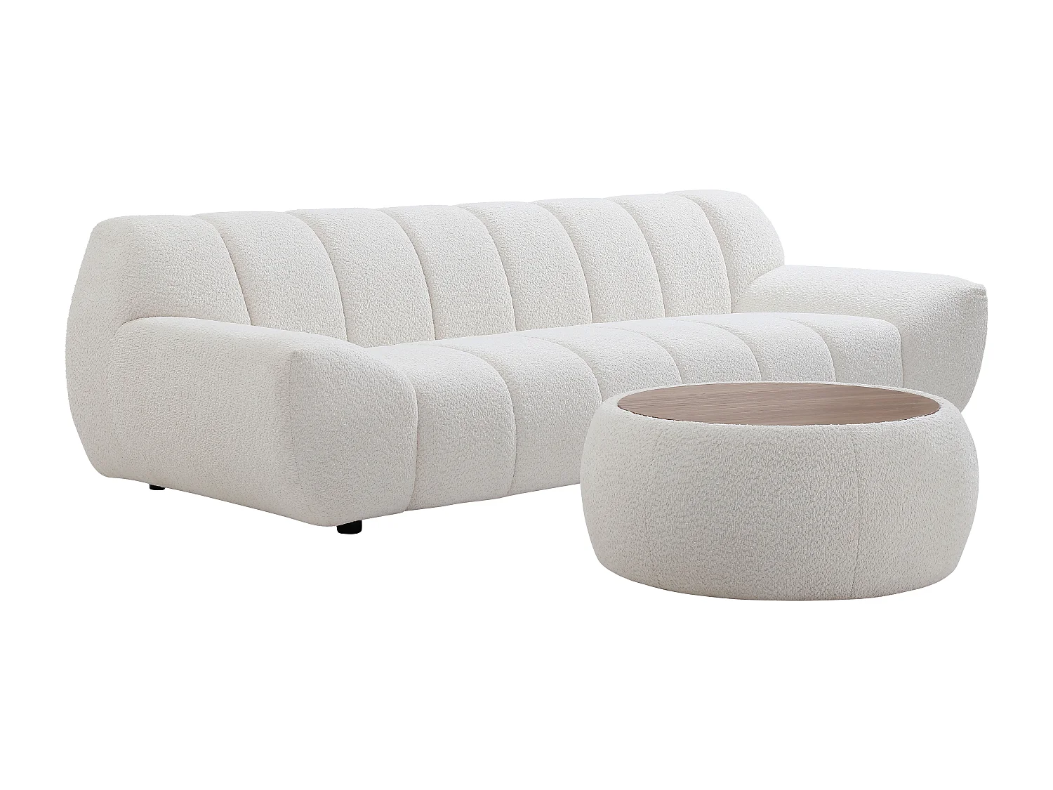 Canapé 3 places et table basse en tissu bouclette blanc SORIELI