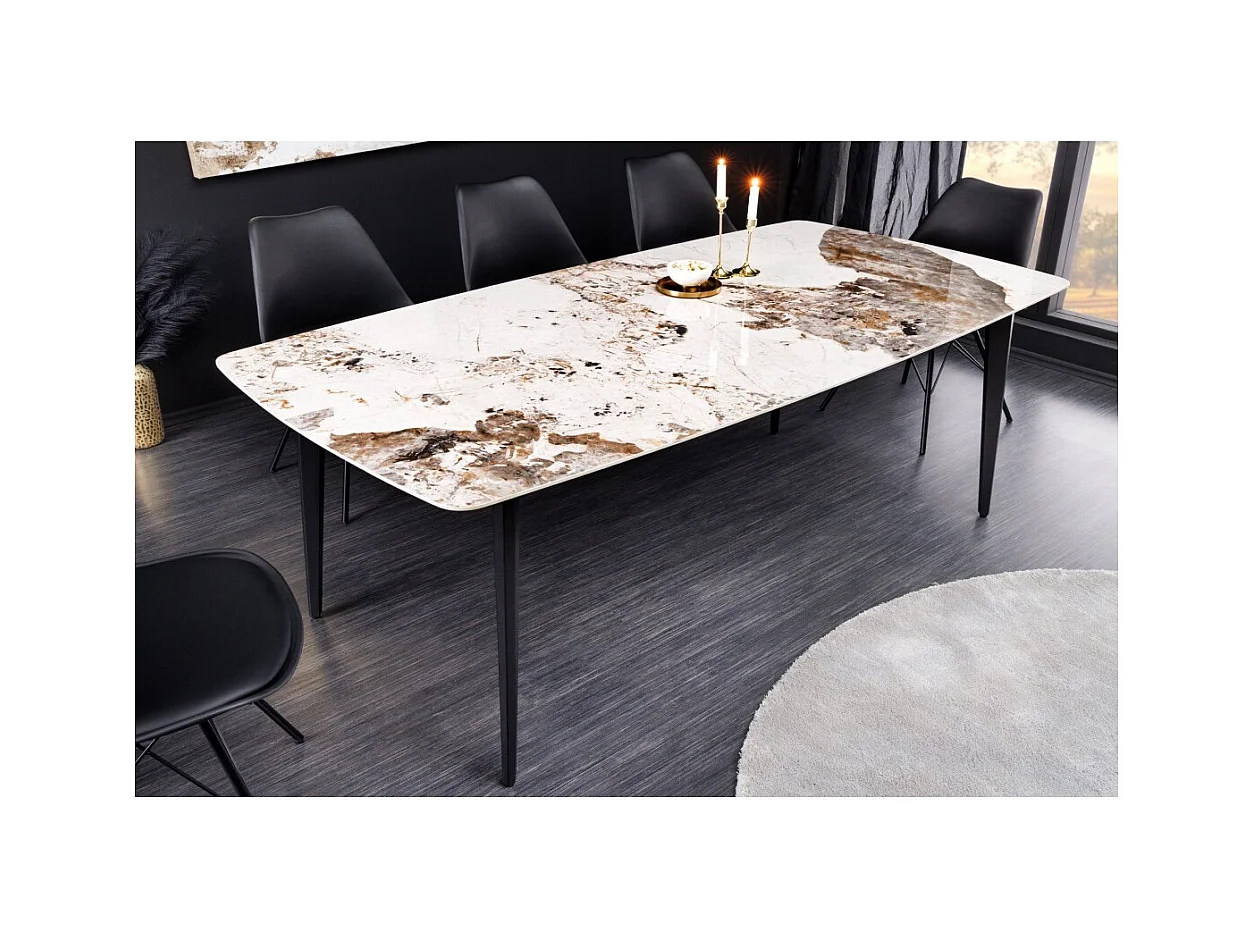 Table de salle à manger HEXA – Céramique aspect pierre et métal noir – 180 cm – Style contemporain