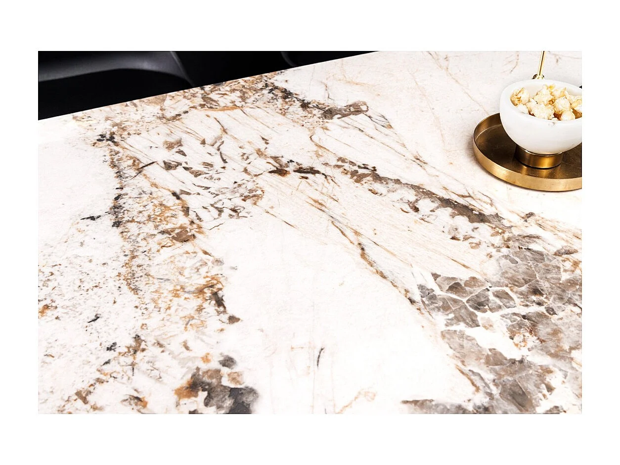 Table de salle à manger HEXA – Céramique aspect pierre et métal noir – 180 cm – Style contemporain