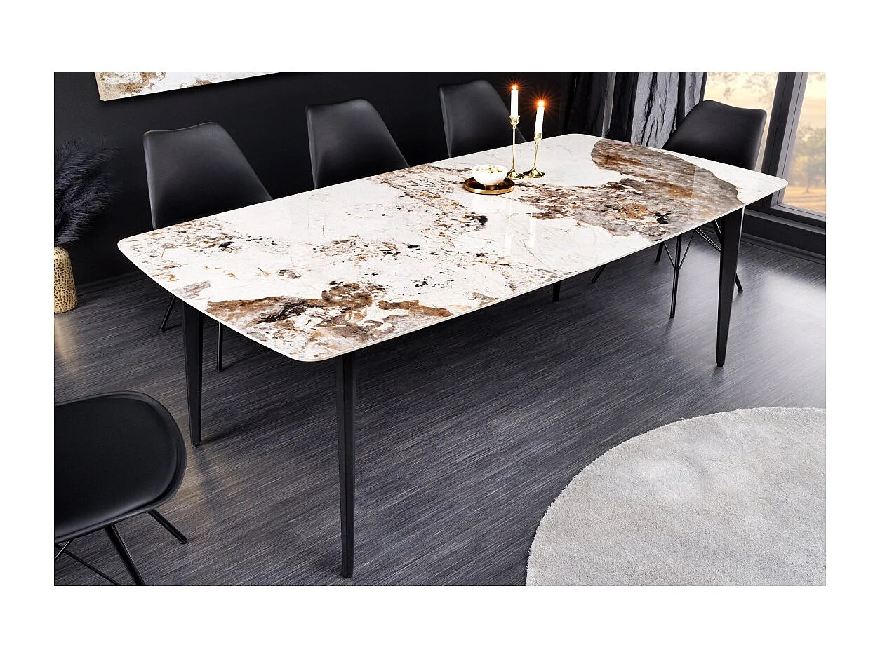 Table de salle à manger HEXA – Céramique aspect pierre et métal noir – 180 cm – Style contemporain