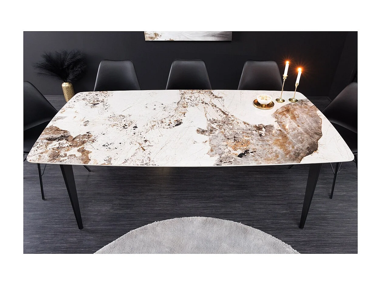 Table de salle à manger HEXA – Céramique aspect pierre et métal noir – 180 cm – Style contemporain