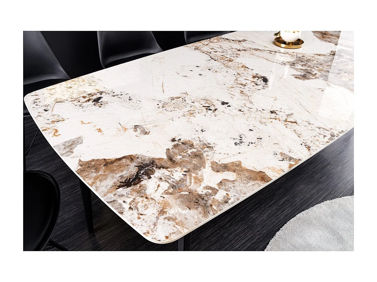 Table de salle à manger HEXA – Céramique aspect pierre et métal noir – 180 cm – Style contemporain