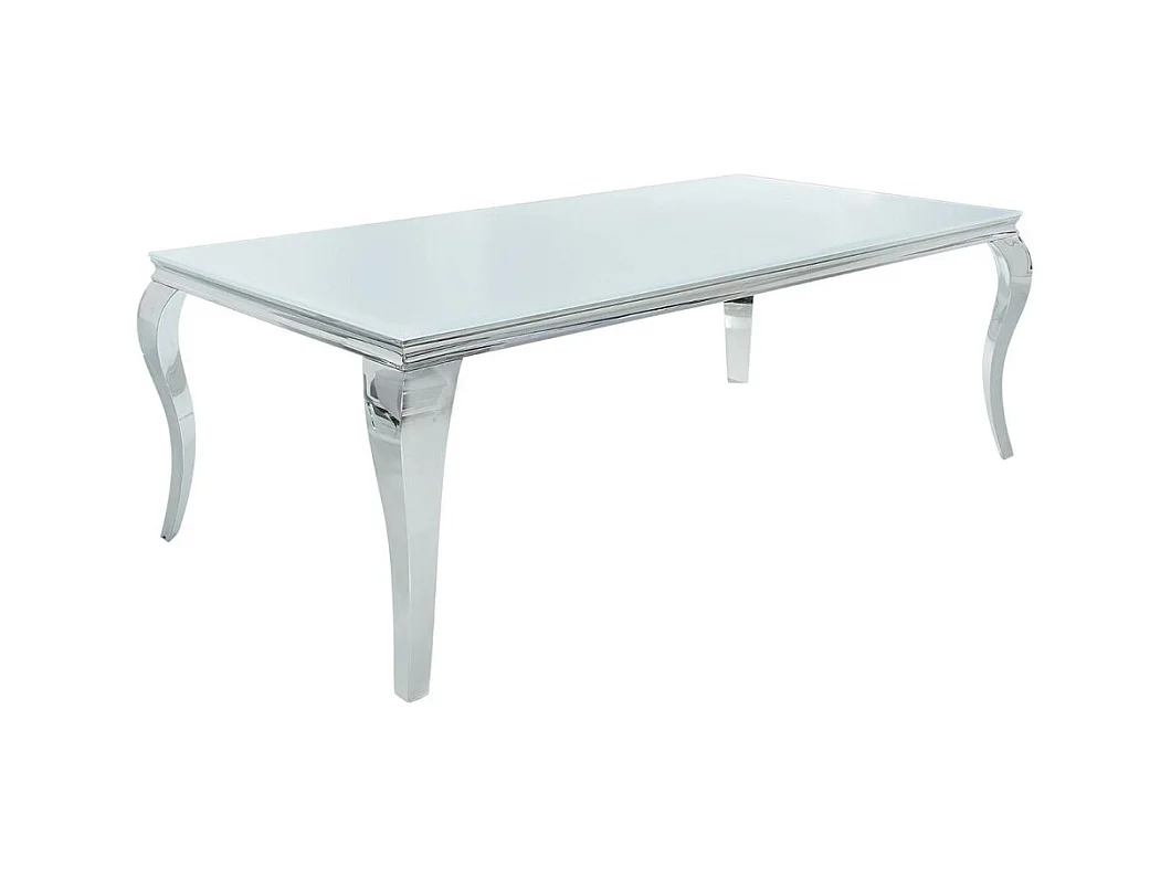 Table de salle à manger VELENA – Acier argenté et verre opale – 200 cm – Style baroque moderne