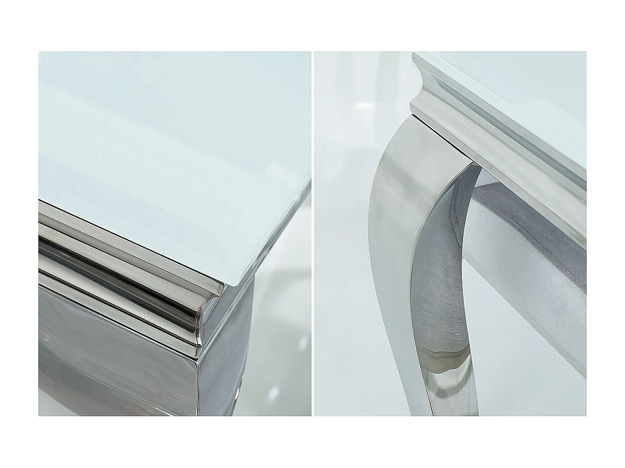 Table de salle à manger VELENA – Acier argenté et verre opale – 200 cm – Style baroque moderne