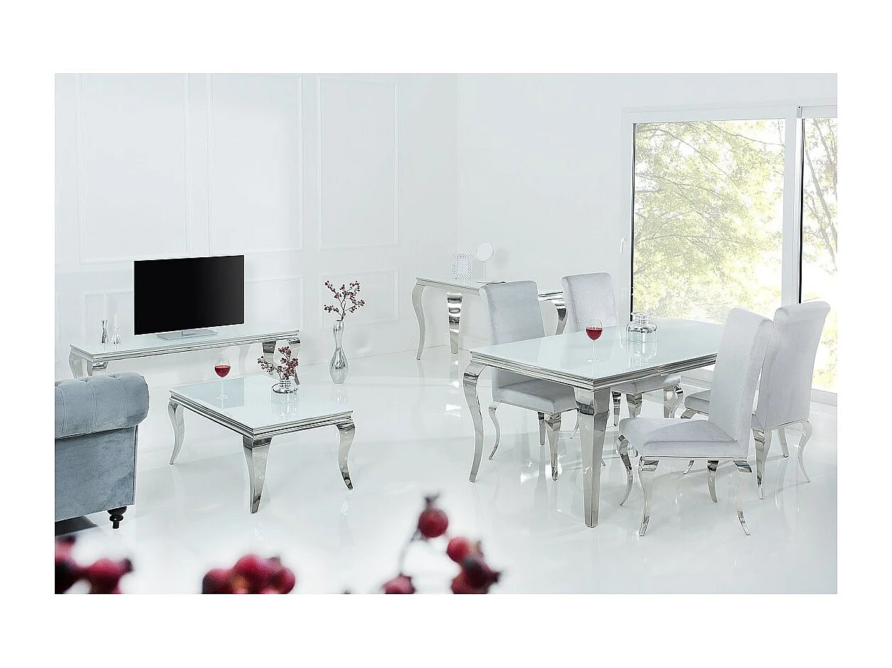Table de salle à manger VELENA – Acier argenté et verre opale – 200 cm – Style baroque moderne