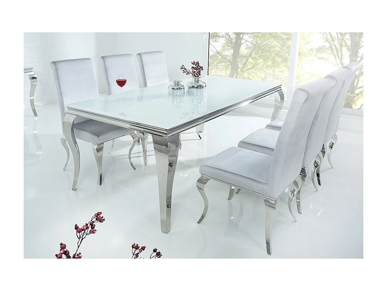 Table de salle à manger VELENA – Acier argenté et verre opale – 200 cm – Style baroque moderne