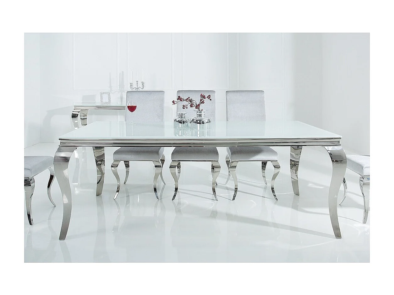 Table de salle à manger VELENA – Acier argenté et verre opale – 200 cm – Style baroque moderne