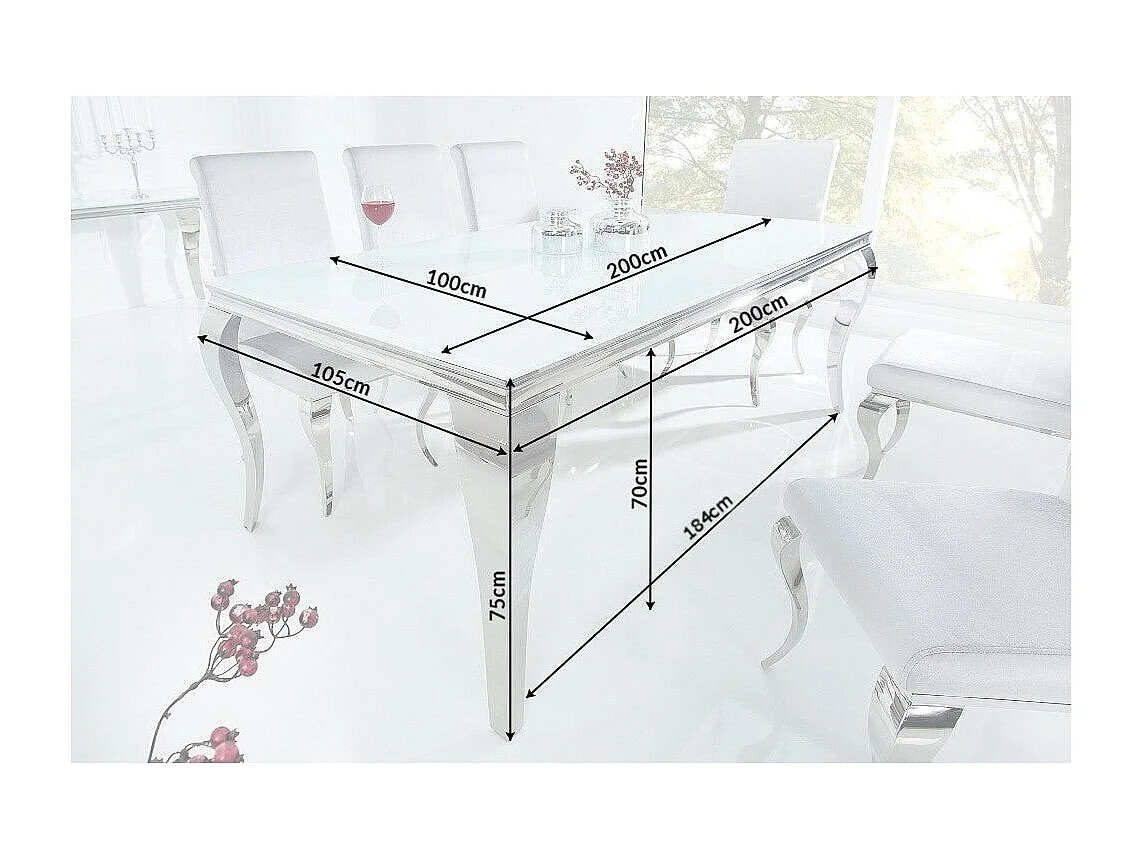 Table de salle à manger VELENA – Acier argenté et verre opale – 200 cm – Style baroque moderne