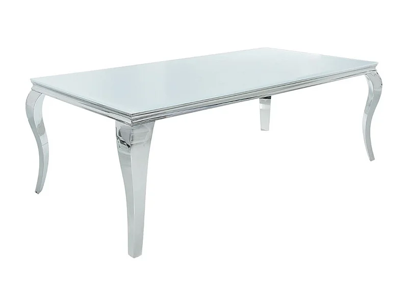 Table de salle à manger VELENA – Acier argenté et verre opale – 200 cm – Style baroque moderne