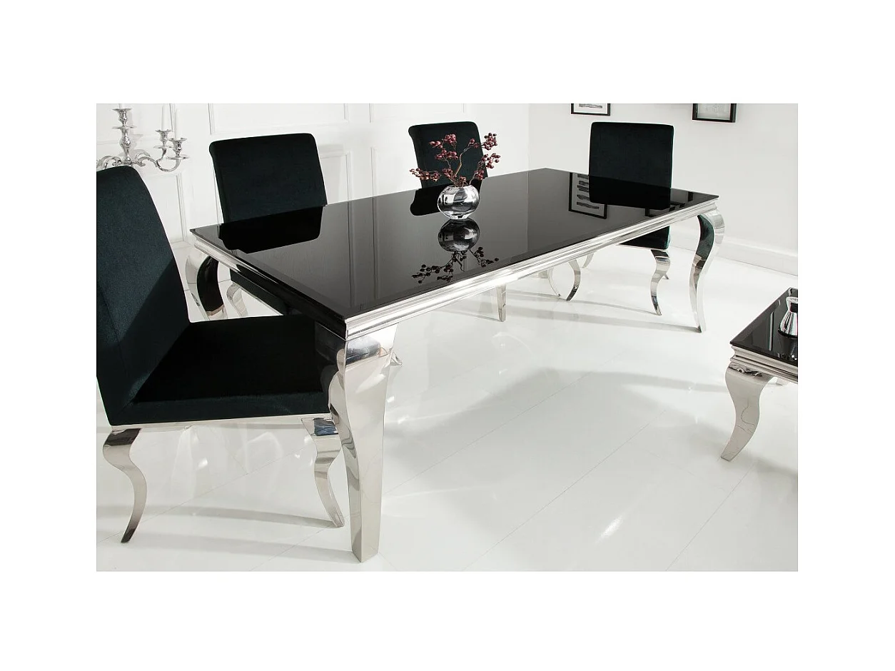 Table de salle à manger VELENA – Acier poli et verre noir – 200 cm – Style baroque moderne