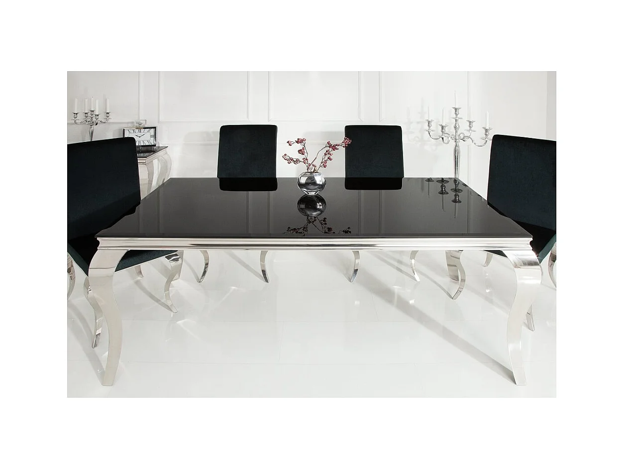 Table de salle à manger VELENA – Acier poli et verre noir – 200 cm – Style baroque moderne
