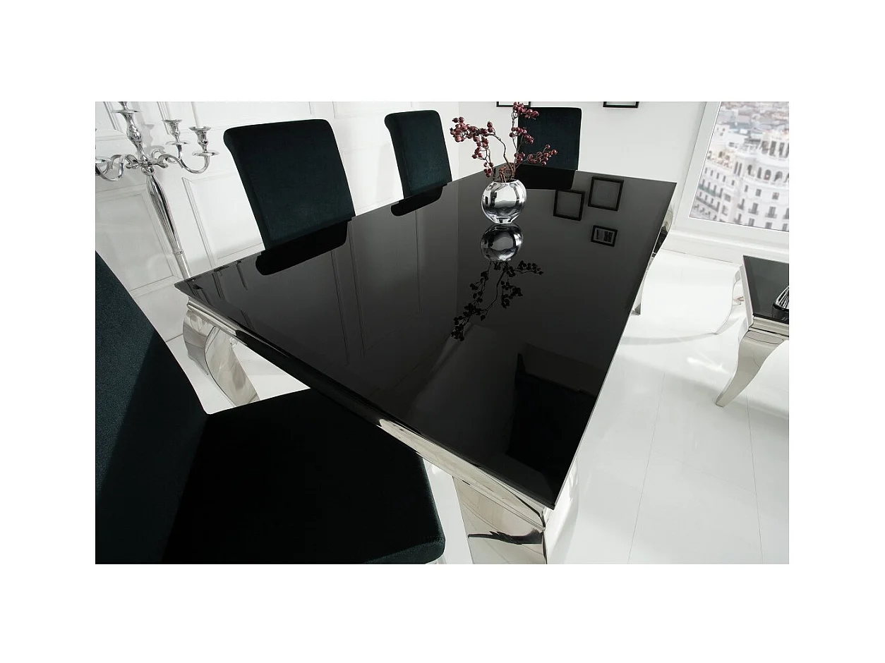 Table de salle à manger VELENA – Acier poli et verre noir – 200 cm – Style baroque moderne