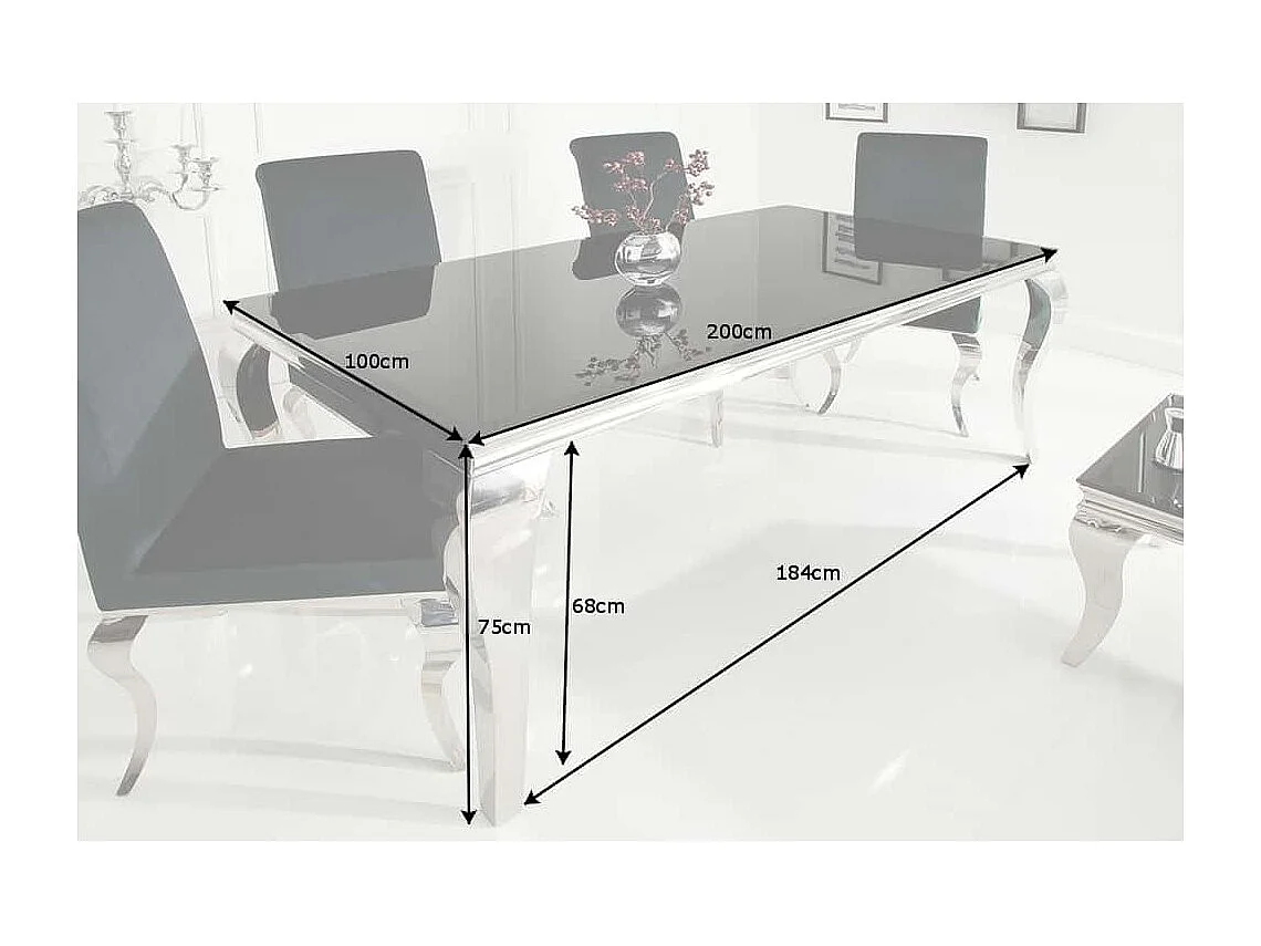 Table de salle à manger VELENA – Acier poli et verre noir – 200 cm – Style baroque moderne