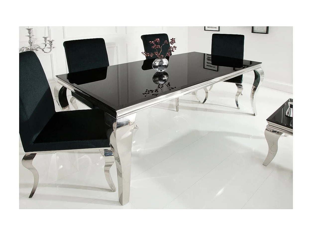 Table de salle à manger VELENA – Acier poli et verre noir – 200 cm – Style baroque moderne